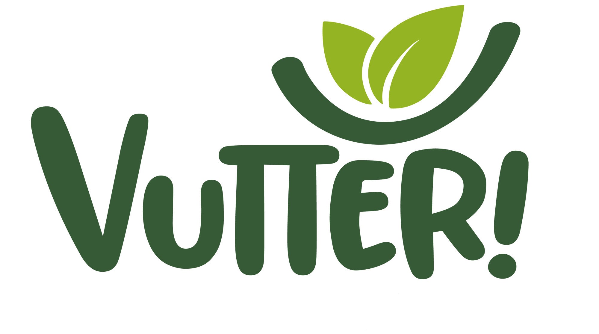 Logo bestehend aus dunkelgrünem Vutter! Schriftzug und zwei hellgrünen Blättern
