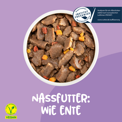 Napf mit Vutter! veganes Nassfutter wie Ente für Hunde mit Jackfruit und Süßkartoffel mit vegan Label