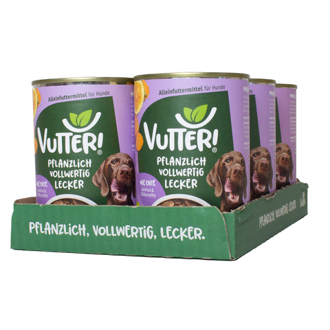 Ein Tray aus sechs Dosen Vutter! veganes Nassfutter wie Ente für Hunde