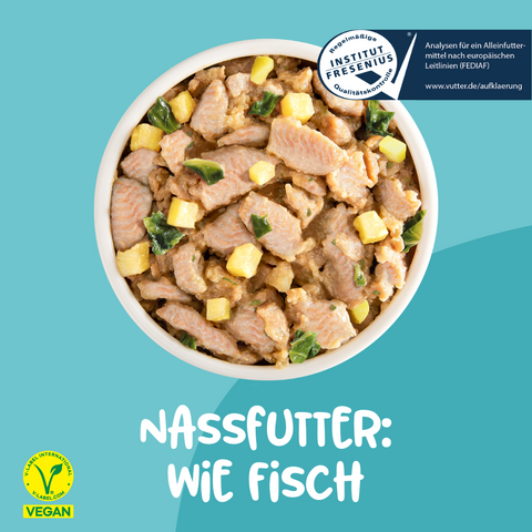 Napf mit Vutter! veganes Nassfutter wie Fisch für Hunde mit Spinat und Kartoffel mit vegan Label