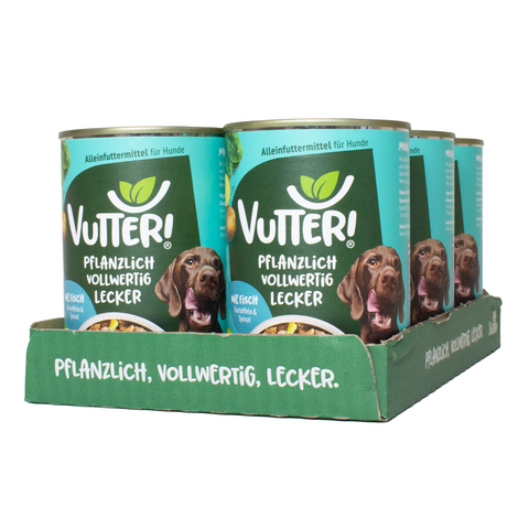 Ein Tray aus sechs Dosen Vutter! veganes Nassfutter wie Fisch für Hunde