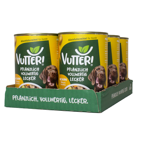 Ein Tray aus sechs Dosen Vutter! veganes Nassfutter wie Huhn für Hunde