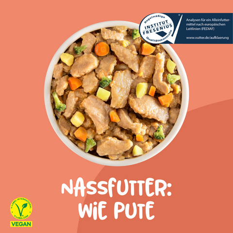 Napf mit Vutter! veganes Nassfutter wie Pute für Hunde mit Brokkoli, Kartoffel und Möhren mit vegan Label