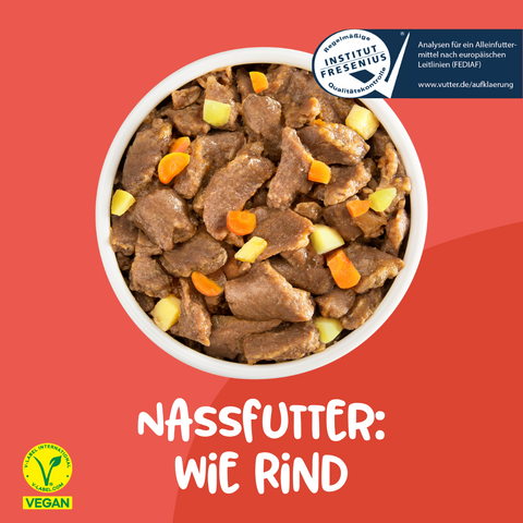 Napf mit Vutter! veganes Nassfutter wie Rind für Hunde mit Kartoffel und Möhren mit vegan Label