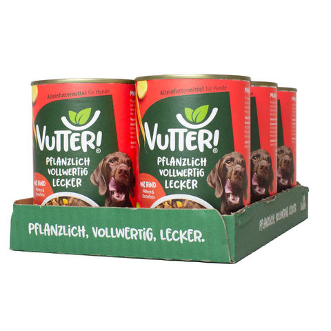 Ein Tray aus sechs Dosen Vutter! veganes Nassfutter wie Rind für Hunde