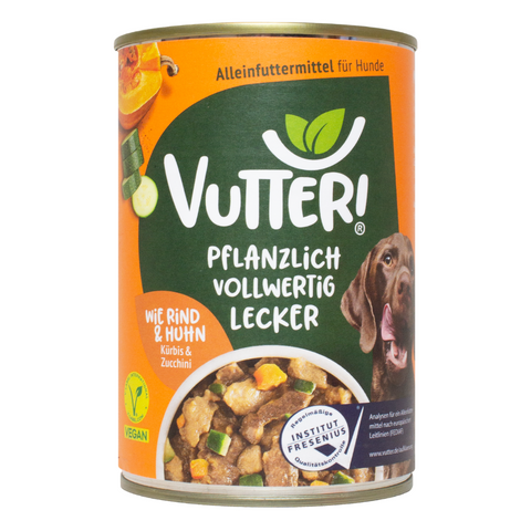 Eine Dose Vutter! veganes Nassfutter wie Rind und Huhn für Hunde