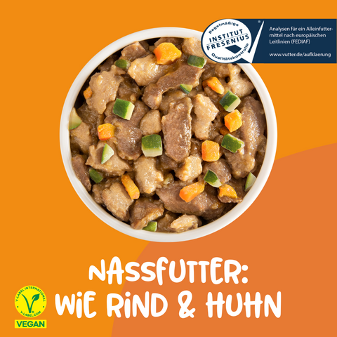 Napf mit Vutter! veganes Nassfutter wie Rind und Huhn für Hunde mit Kürbis und Zucchini mit vegan Label