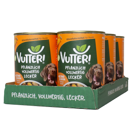 Ein Tray aus sechs Dosen Vutter! veganes Nassfutter wie Rind und Huhn für Hunde