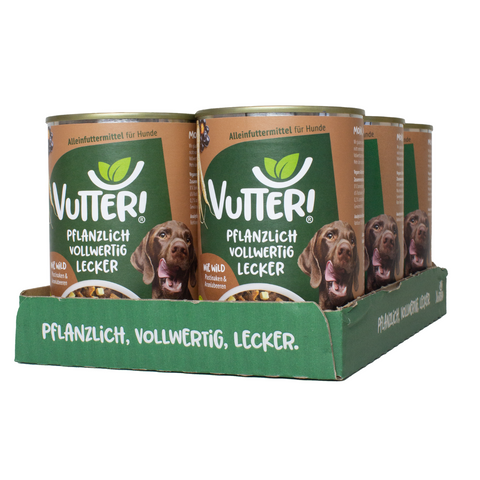Ein Tray aus sechs Dosen Vutter! veganes Nassfutter wie Wild für Hunde