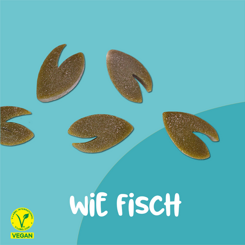 Braune Vutter! Snacks wie Fisch für Hunde mit vegan Label