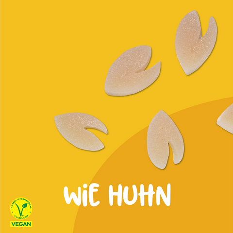 Gelbe Vutter! Snacks wie Huhn für Hunde mit vegan Label