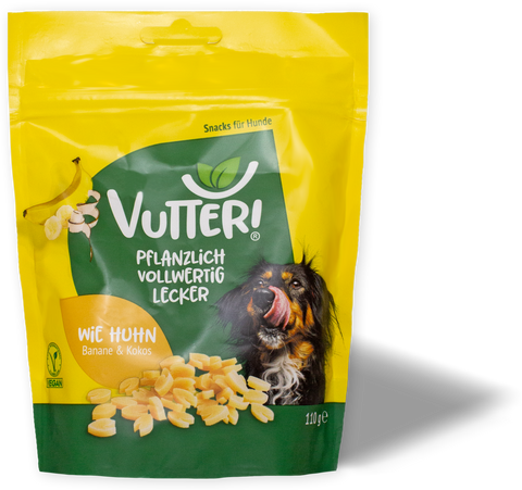 Gelbe Packung Vutter! vegane Hundeleckerli wie Huhn