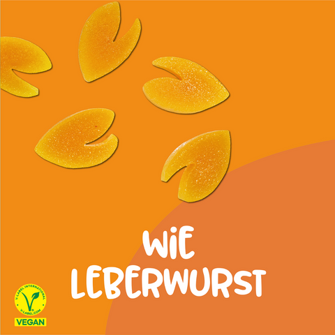 Orangene Vutter! Snacks wie Leberwurst für Hunde mit vegan Label