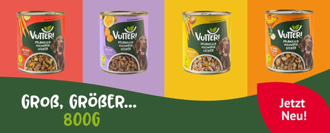 Unser veganes Nassfutter von Vutter! gibt es jetzt in vier beliebten Sorten auch in 800 g Dosen.