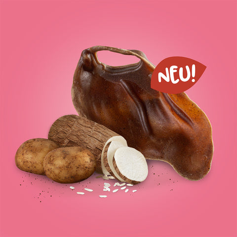Produktabbildung von einem veganen Schweineohr mit Kartoffel und Tapioka mit NEU Banner