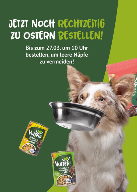 Bestelle jetzt noch rechtzeitig zu Ostern. Bis zum 27.03. um 10 Uhr bestellen, um leere Näpfe zu vermeiden. Bestelle jetzt noch rechtzeitig zu Ostern. Unter dem Schriftzug sitzt ein Hund mit einer Schüssel im Maul, der von Vutter! Produkten umgeben ist.