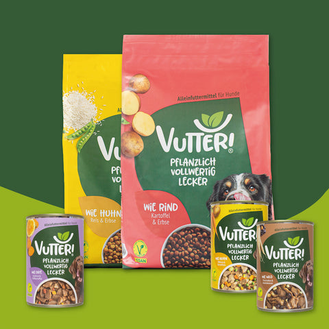 Ausgewählte Produkte des mittleren Vutter! Probierpaket für Hunde aus drei Nassfutterdosen und zwei Tüten Trockenfutter