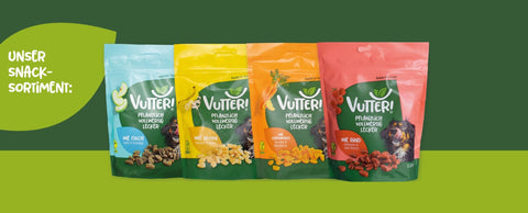 Unser veganes Vutter! Snack Sortiment besteht aus den vier pflanzlichen Snacks wie Fisch, wie Huhn, wie Leberwurst und wie Rind.