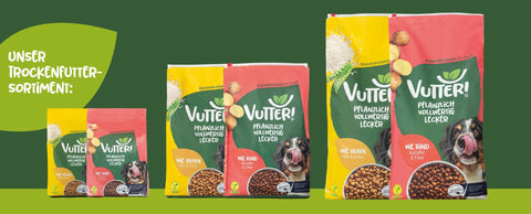 Unser veganes Trockenfutter-Sortiment von Vutter! besteht aus den zwei Sorten wie Rind und wie Huhn.