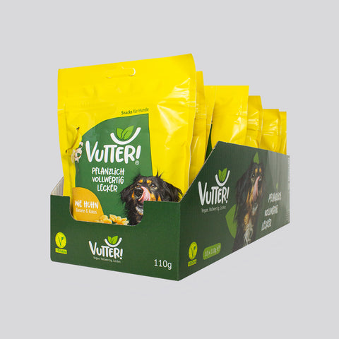 Ein Tray mit 10 Tüten veganen Hundeleckerli wie Huhn von Vutter!