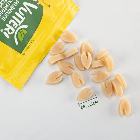 Aus einer offenen Tüte veganer Leckerli für Hunde wie Huhn von Vutter! sind ein paar Snacks herausgefallen