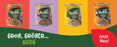 Unser veganes Nassfutter von Vutter! gibt es jetzt in vier beliebten Sorten auch in 800 g Dosen.