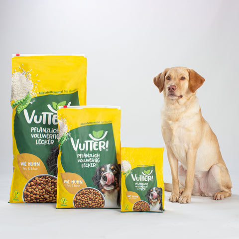 Unser Bürohund Ada sitzt neben unserem veganen Trockenfutter wie Huhn von Vutter! in den Größen 1 kg, 4 kg und 12 kg.