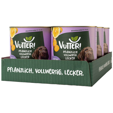 Ein Tray aus sechs 800g Dosen Vutter! veganes Nassfutter wie Ente für Hunde