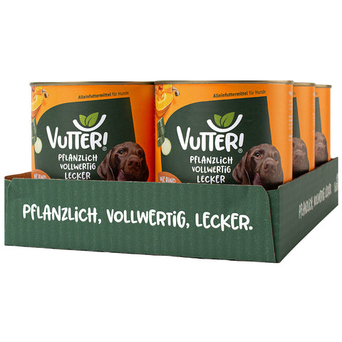 Ein Tray aus sechs 800g Dosen Vutter! veganes Nassfutter wie Rind & Huhn für Hunde