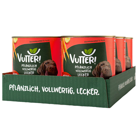Ein Tray aus sechs 800g Dosen Vutter! veganes Nassfutter wie Rind für Hunde